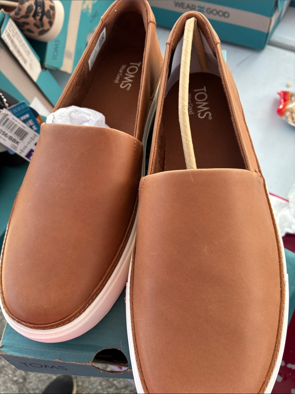 Toms Tan Leather Slip-On Sneakers with White Platform Sole